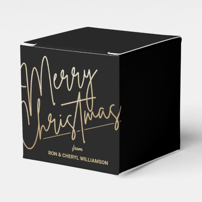 Gold Merry Christmas Black Square Favor Boxes (Front Side)