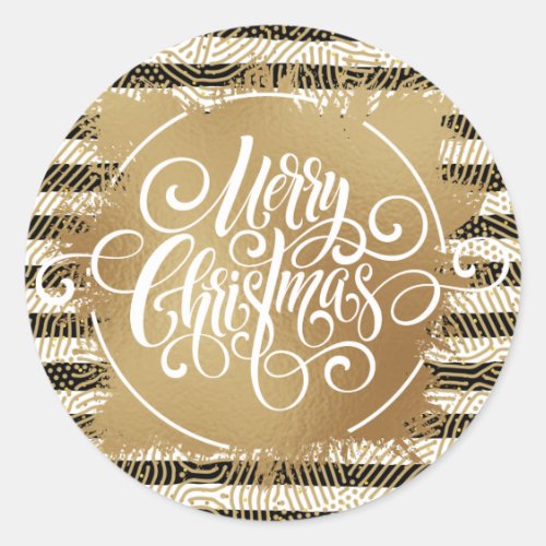 Gold Merry Christmas Black White Stripes Classic Round Sticker