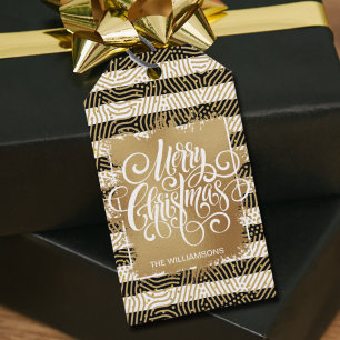 Gold Merry Christmas Black White Stripes Gift Tags