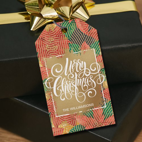 Gold Merry Christmas Black White Stripes Gift Tags