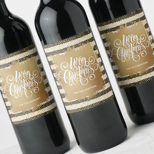 Gold Merry Christmas Black White Stripes Wine Label