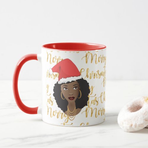 Gold Merry Christmas Black Woman Red Santa Hat Mug