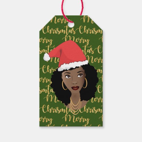 Gold Merry Christmas Black Woman Santa Hat Green Gift Tags