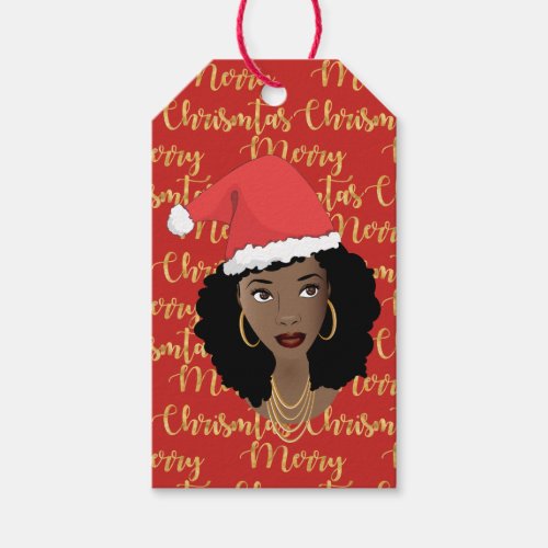 Gold Merry Christmas Black Woman Santa Hat Red Gift Tags