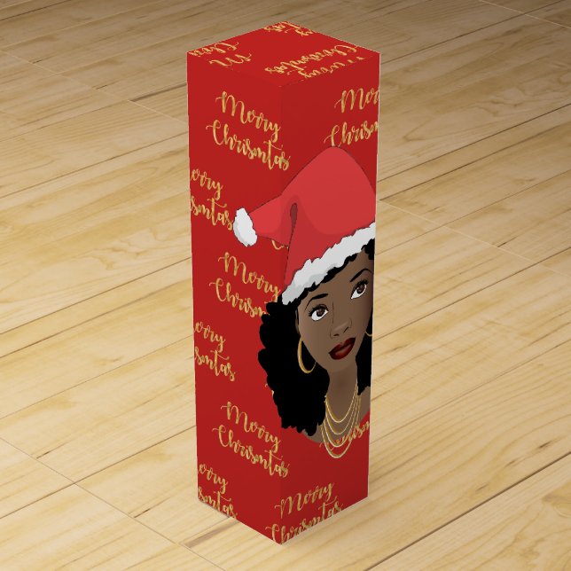 Gold Merry Christmas, Black Woman, Santa Hat, Red Wine Box (Front)