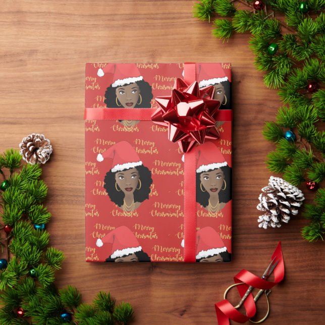 Gold Merry Christmas, Black Woman, Santa Hat, Red Wrapping Paper (Holiday Gift)