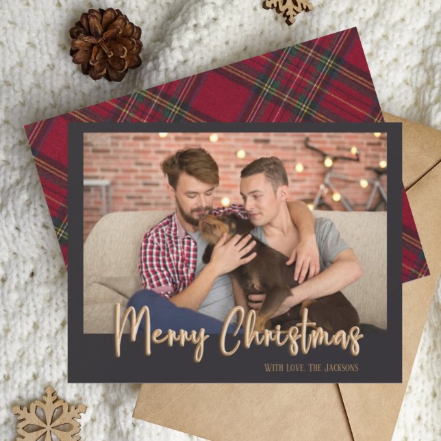 Gold Merry Christmas Bubble Letters Plaid Black Holiday Card (Creator Uploaded)