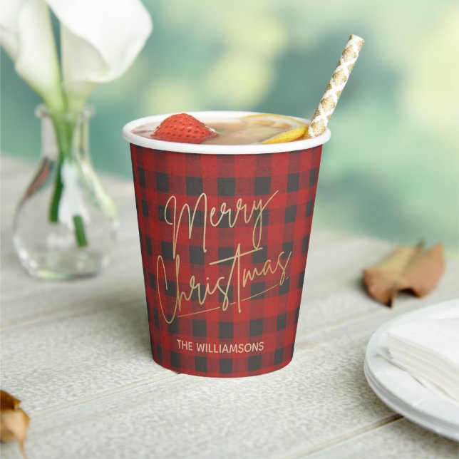 Gold Merry Christmas Buffalo Check Personalized Paper Cups (Insitu)