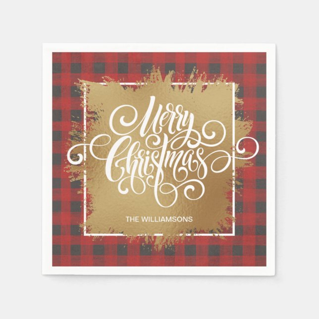 Gold Merry Christmas Buffalo Plaid  Napkins (Front)