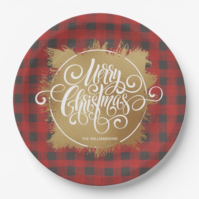 Gold Merry Christmas Buffalo Plaid Paper Plates (Front)