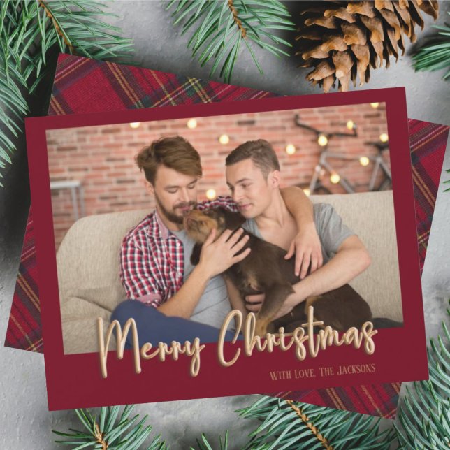 Gold Merry Christmas Burgundy Plaid Holiday Photo (Creator Uploaded)