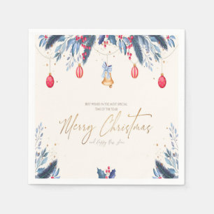 Gold Merry Christmas Calligraphy Navy Blue Red Napkins