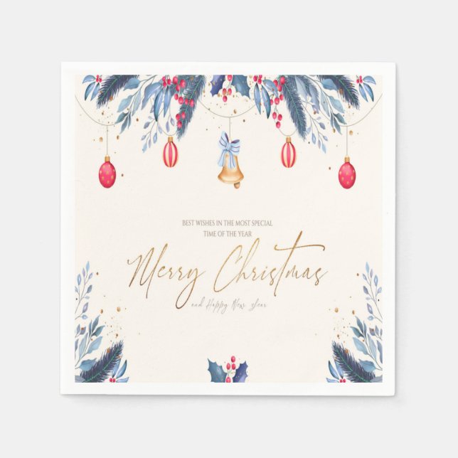 Gold Merry Christmas Calligraphy Navy Blue Red Napkins (Front)