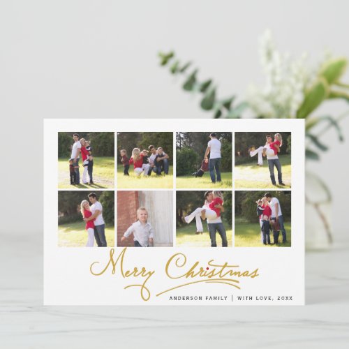 Gold Merry Christmas calligraphy photo collage Holiday Card