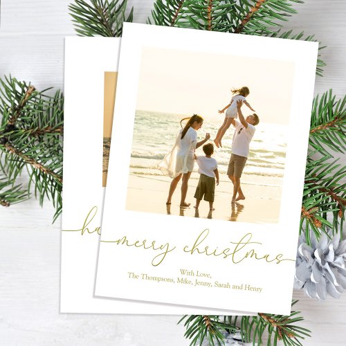 Gold Merry Christmas Calligraphy Photo Holiday Card