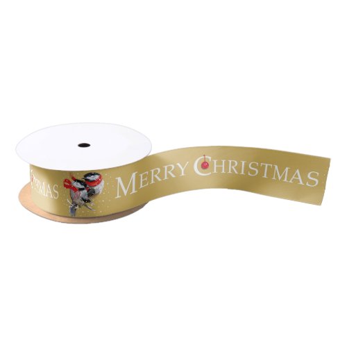 Gold Merry Christmas Cuddling Chickadees Couple Satin Ribbon