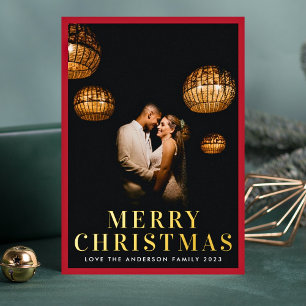 Gold Merry Christmas Elegant Red Frame Photo Foil Holiday Card