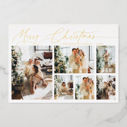 Gold Merry Christmas Elegant Script Photo Collage Foil Holiday Card