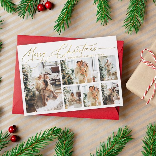 Gold Merry Christmas Elegant Script Photo Collage Holiday Card