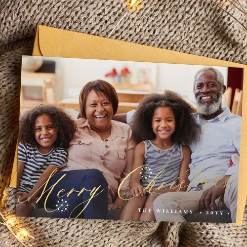 Gold Merry Christmas elegant script simple photo Holiday Card