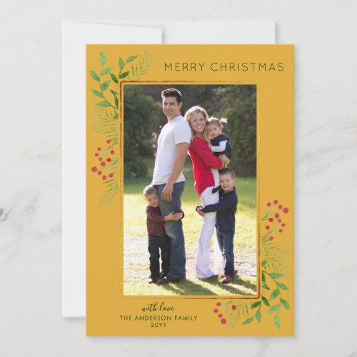 Gold Merry Christmas Festive Leaves Berries Photo Holiday Card