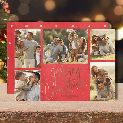 Gold Merry Christmas Five Photo Red  Holiday Card