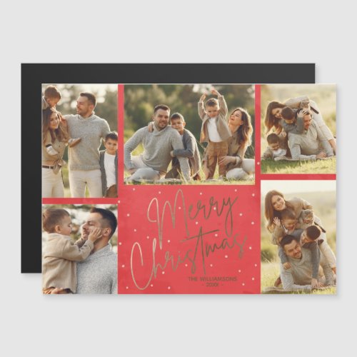 Gold Merry Christmas Five Photo Red Holiday Magnet