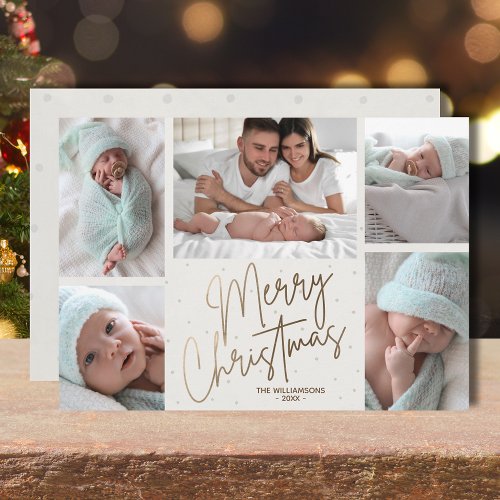 Gold Merry Christmas Five Photos Holiday Card