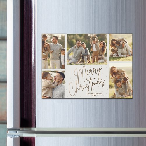 Gold Merry Christmas Five Photos Magnetic Card