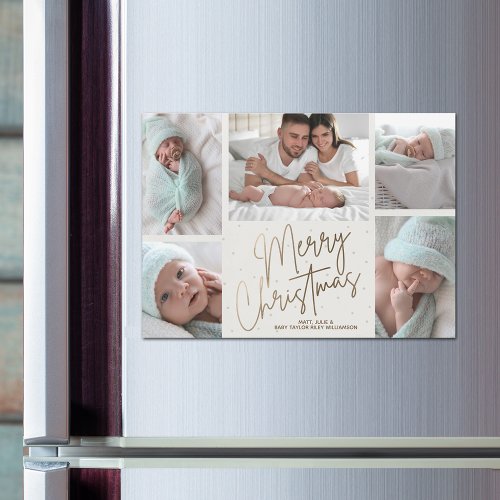 Gold Merry Christmas Five Photos Magnetic Card