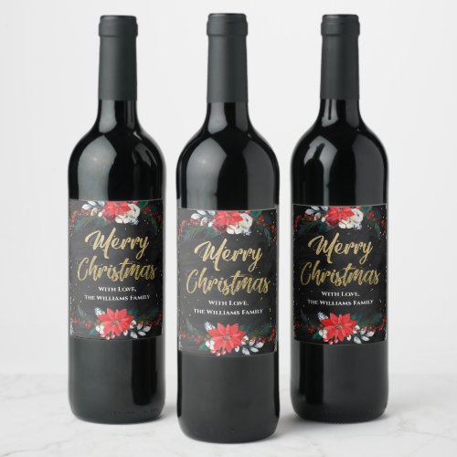 Gold Merry Christmas Floral Wine Label Chalkboard