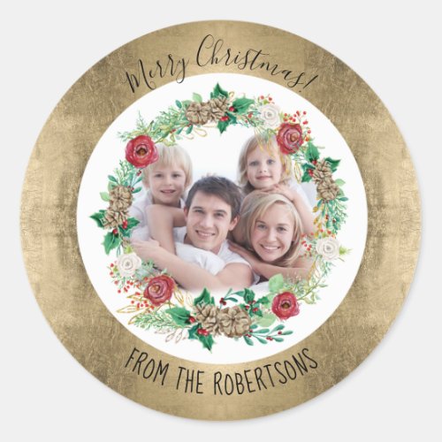 Gold Merry Christmas Floral Wreath Family Photo Classic Round Sticker