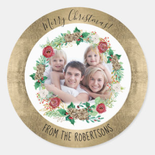 Gold Merry Christmas Floral Wreath Family Photo Classic Round Sticker