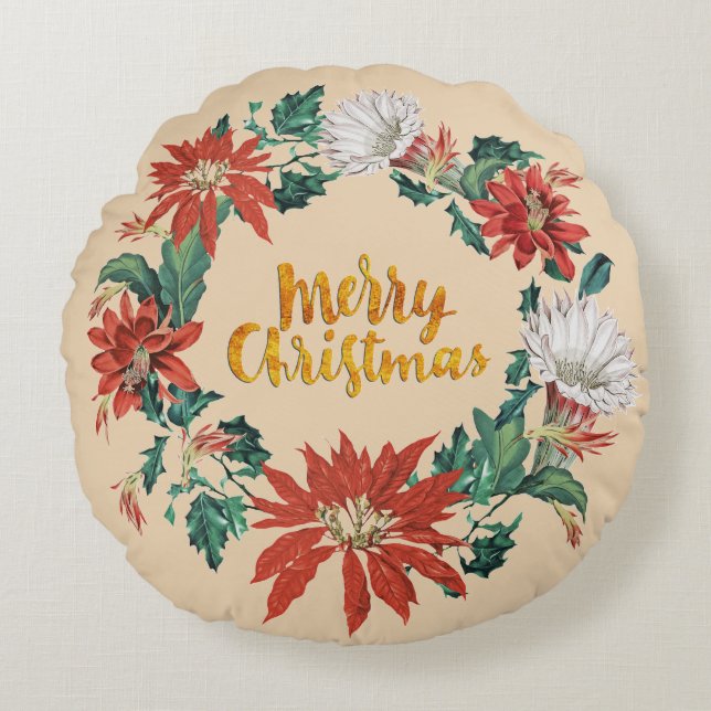 Gold Merry Christmas Flower Wreath on Beige Round Pillow (Front)