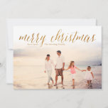 Gold Merry Christmas Glitter Look Photo Card<br><div class="desc">These classic,  simple Christmas cards feature a photo and glitter look "merry christmas" in calligraphy script. Personalized with your own family name. The back of these cards features a glittery stripe design.</div>