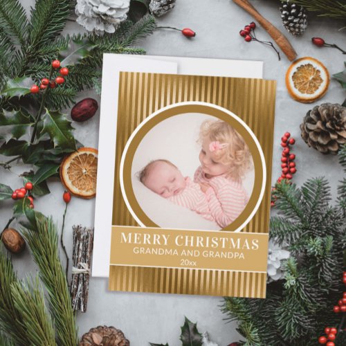 Gold Merry Christmas Grandparents Grandchild Photo Holiday Card