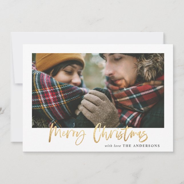 Gold merry christmas green plaid photo card (Front)