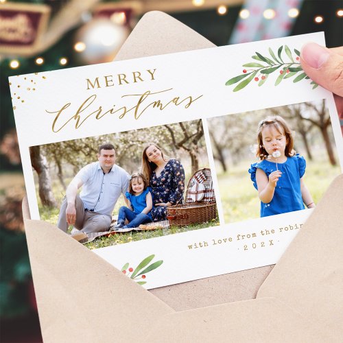 Gold Merry Christmas Greeting Family Kids 2 Photos Holiday Card