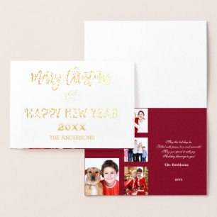 Gold Merry Christmas Happy New Year Family Photos Foil Card