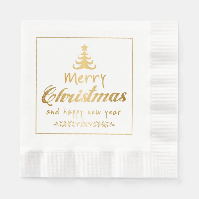Gold Merry Christmas Happy New Year Paper Napkins (Front)