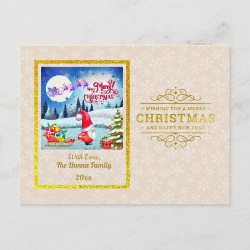 Gold Merry Christmas  Happy New Year  Snowflake Holiday Postcard