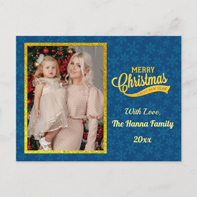 Gold Merry Christmas & Happy New Year & Snowflake Postcard (Front)