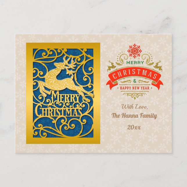 Gold Merry Christmas & Happy New Year & Snowflake Postcard (Front)