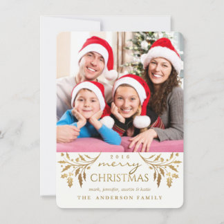 Gold Merry Christmas Holiday Holly Photo Card