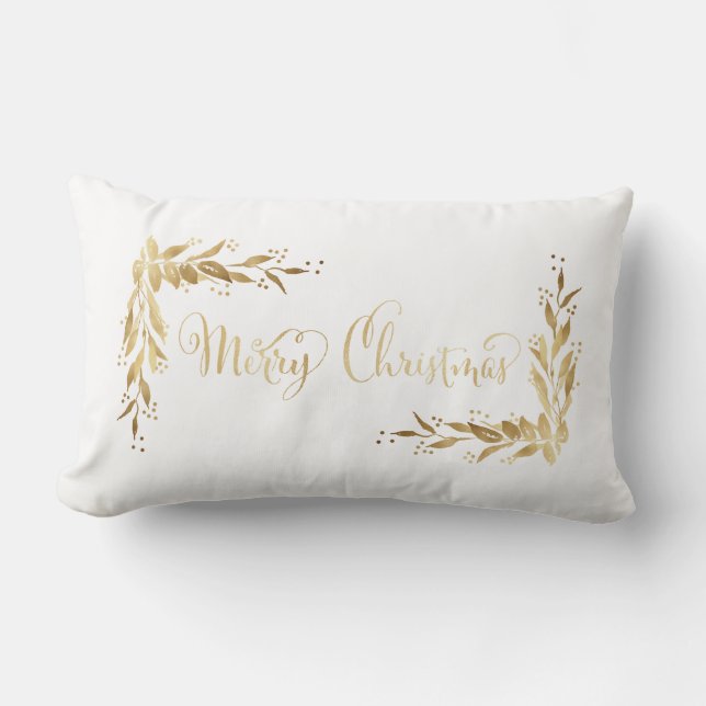Gold Merry Christmas Holly Berry Wreath on White Lumbar Pillow (Front)
