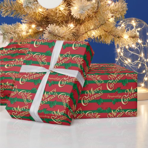 Gold Merry Christmas Holly Wrapping Paper