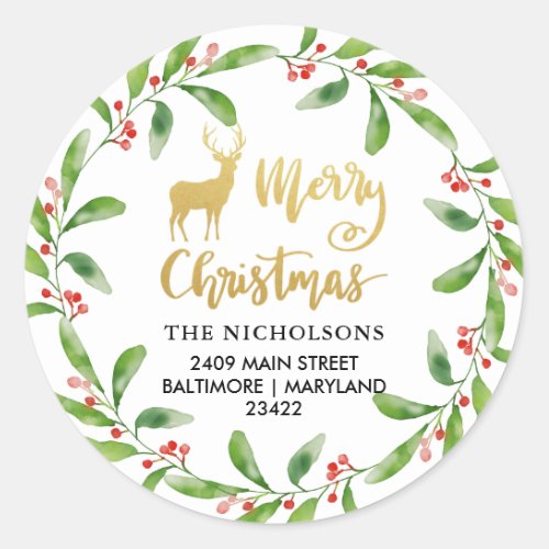 Gold Merry Christmas Holly Wreath  Return Address Classic Round Sticker