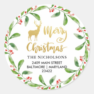 Gold Merry Christmas Holly Wreath Return Address Classic Round Sticker