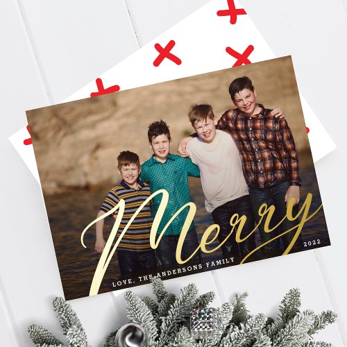 Gold Merry  Christmas Landscape Family Photo Foil Foil Holiday Card