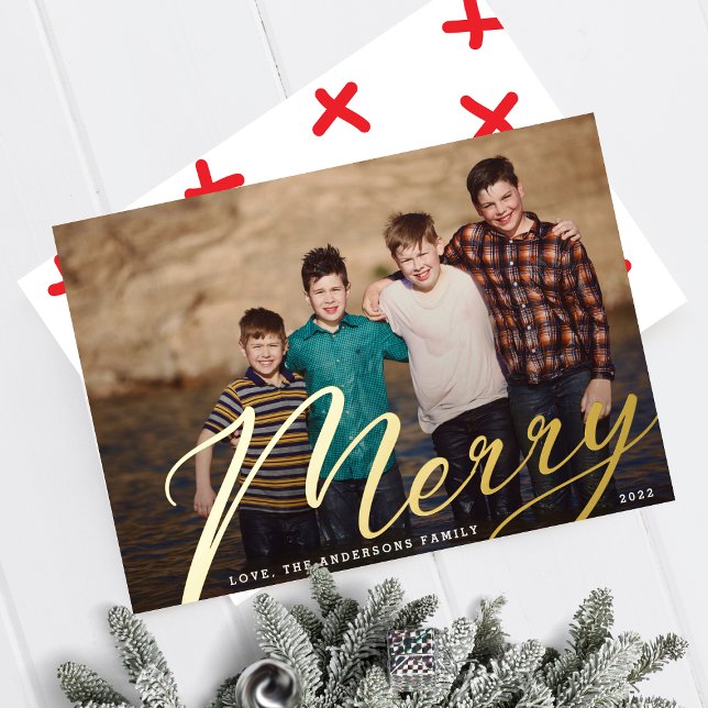 Gold Merry | Christmas Landscape Family Photo Foil Foil Holiday Card (Creator Uploaded)
